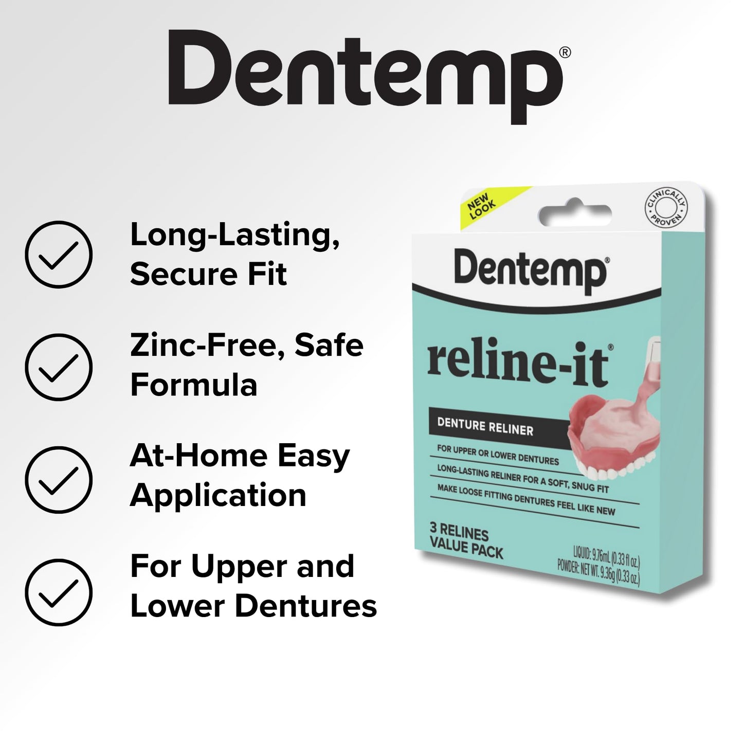 Dentemp Denture Reline Kit Value Pack - Advanced Formula Reline It Denture Reliner - Denture Kit to Refit and Tighten Dentures for Both Upper & Lower Denture - 3 Relines (Packaging May Vary)