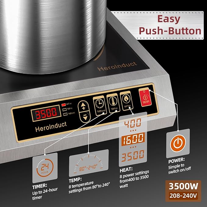 Portable Induction Cooktop 208-240V 3500W Commercial Range Countertop Burner Dual IGBT Modules 8 Heating Level Timer Sensor Push-Button Premium Stainless Steel Housing Ceramic Glass（Black）