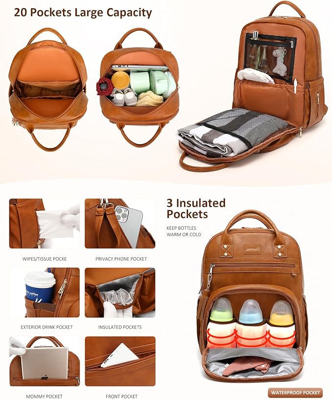 Premium Vegan Leather Diaper Bag Backpack with Waterproof Changing Pad, Reinforced Zippers & Odor-Free, 20 Pockets Pro Organizer, Fits 15.6" Laptop, Stroller Straps, Baby Bag for Mom, Brown
