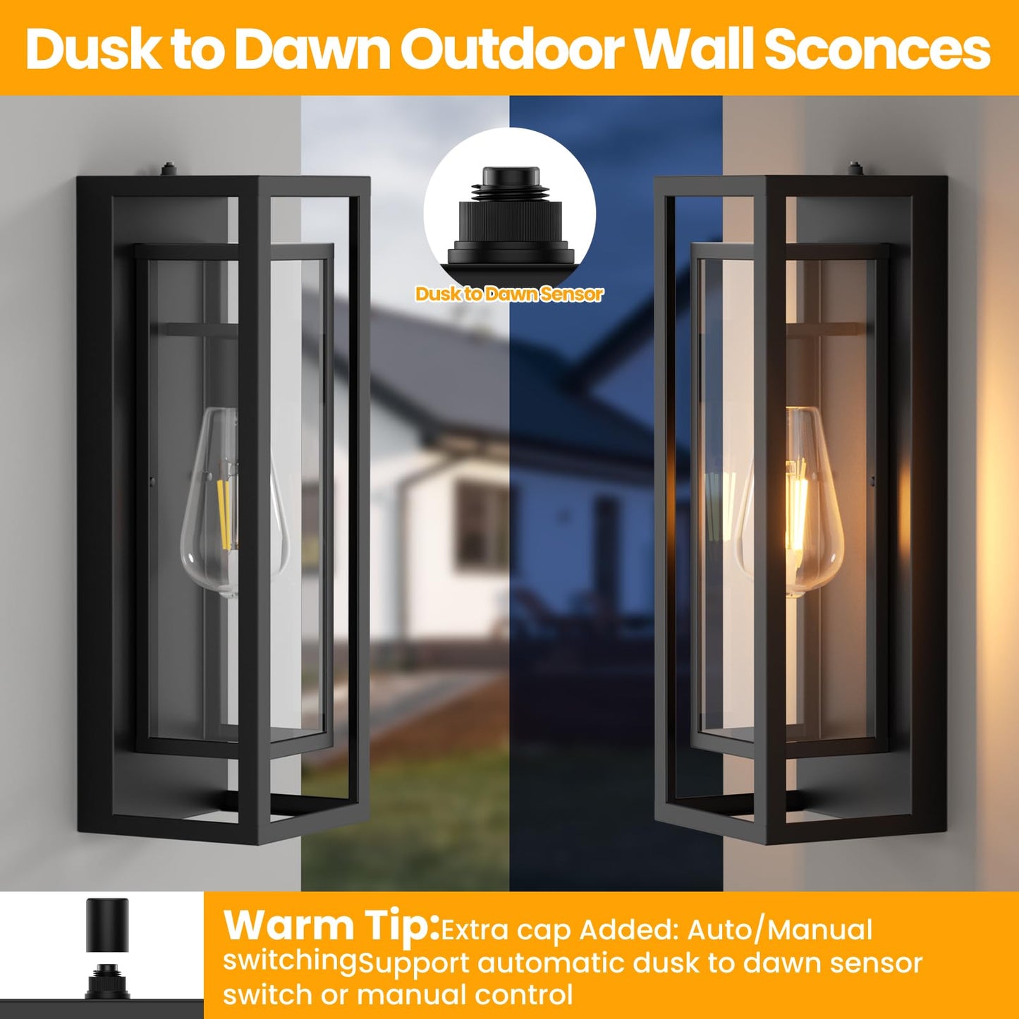 Aibisdo 18In Large Dusk To Dawn Outdoor Wall Light -2 Pack  Waterproof Outdoor Garage Lighting Fixtures With Clear Glass Shade  Auto On/Off Porch Light For Patio  Garage  Front Door(Black)