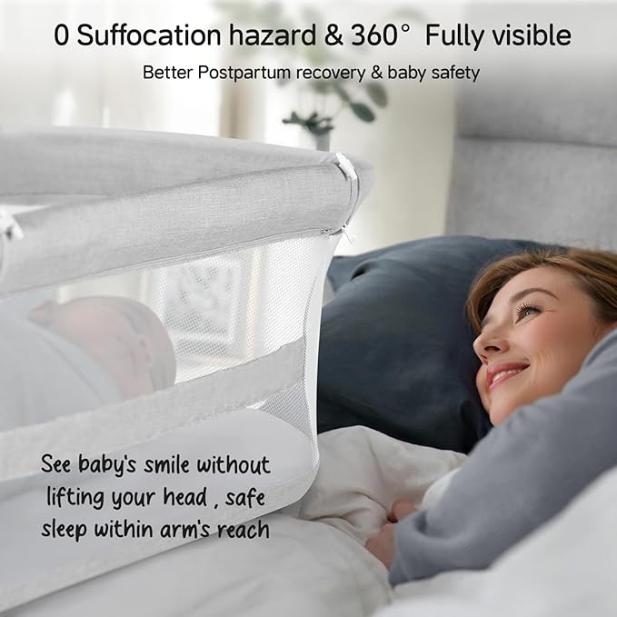 Cowiewie Bassinet Bedside Sleeper,Baby Bassinets Higher Place on Bed,5-Position Adjustment Baby Crib,Breathable 360°All-Around Mesh Sides Bedside Bassinet,Space-Saving Bedside Cribs, (Light Grey)