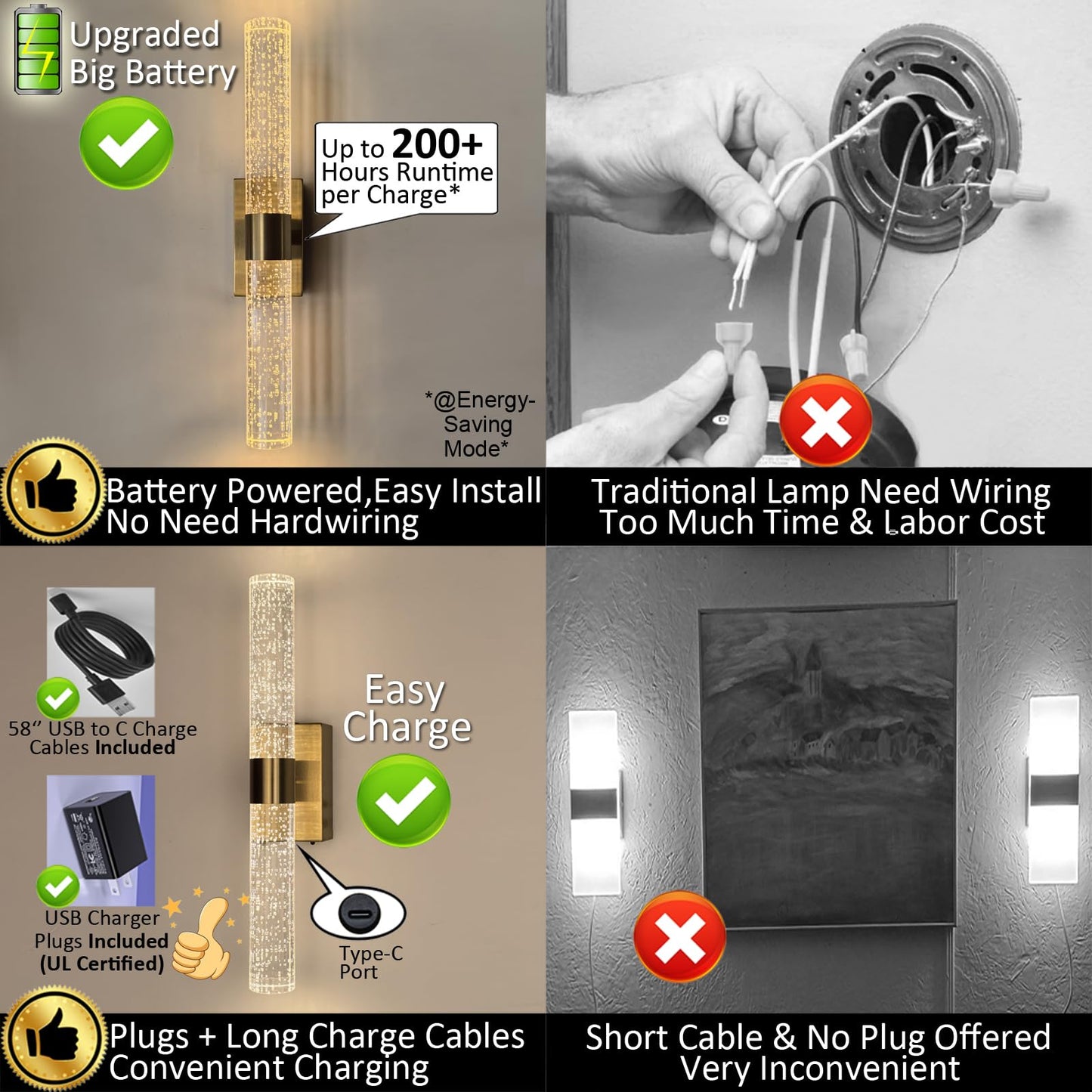 Reddragon Lighting Cordless Rechargeable Crystal Wall Sconces Set of 2, 15.5 Inch, Brushed Gold, Battery Operated