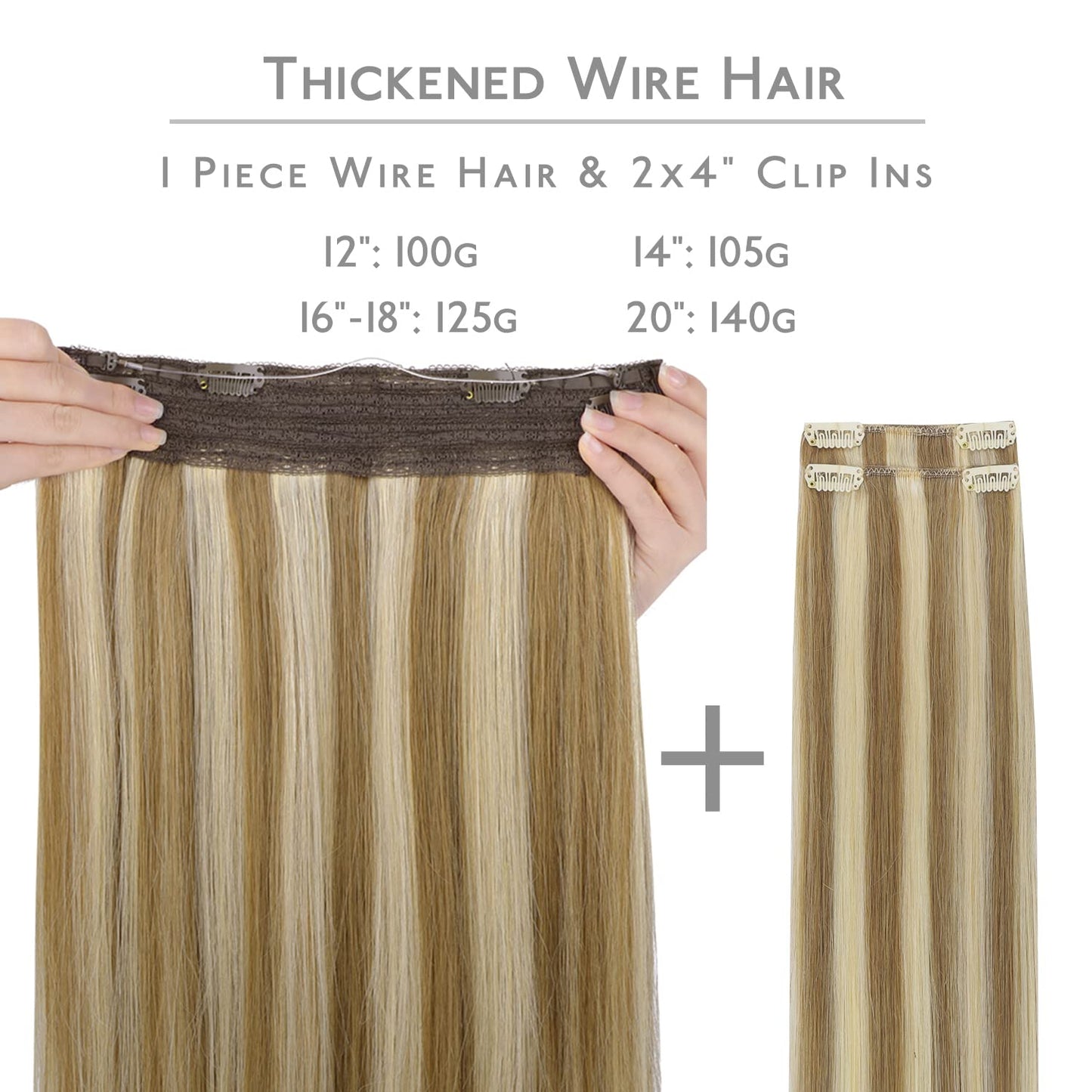 WENNALIFE Wire Hair Extensions (Increase 50% Lifespan) Real Human Hair 14 inch 105g Ash Brown Highlighted Golden Blonde Remy Rea