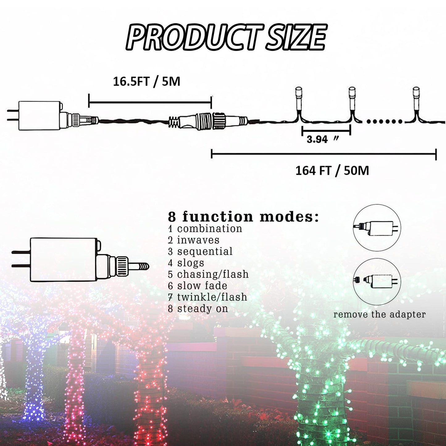 FUNPENY LED Christmas String Lights, 500 LED, 164FT, 8 Modes, Waterproof, Green Wire, White