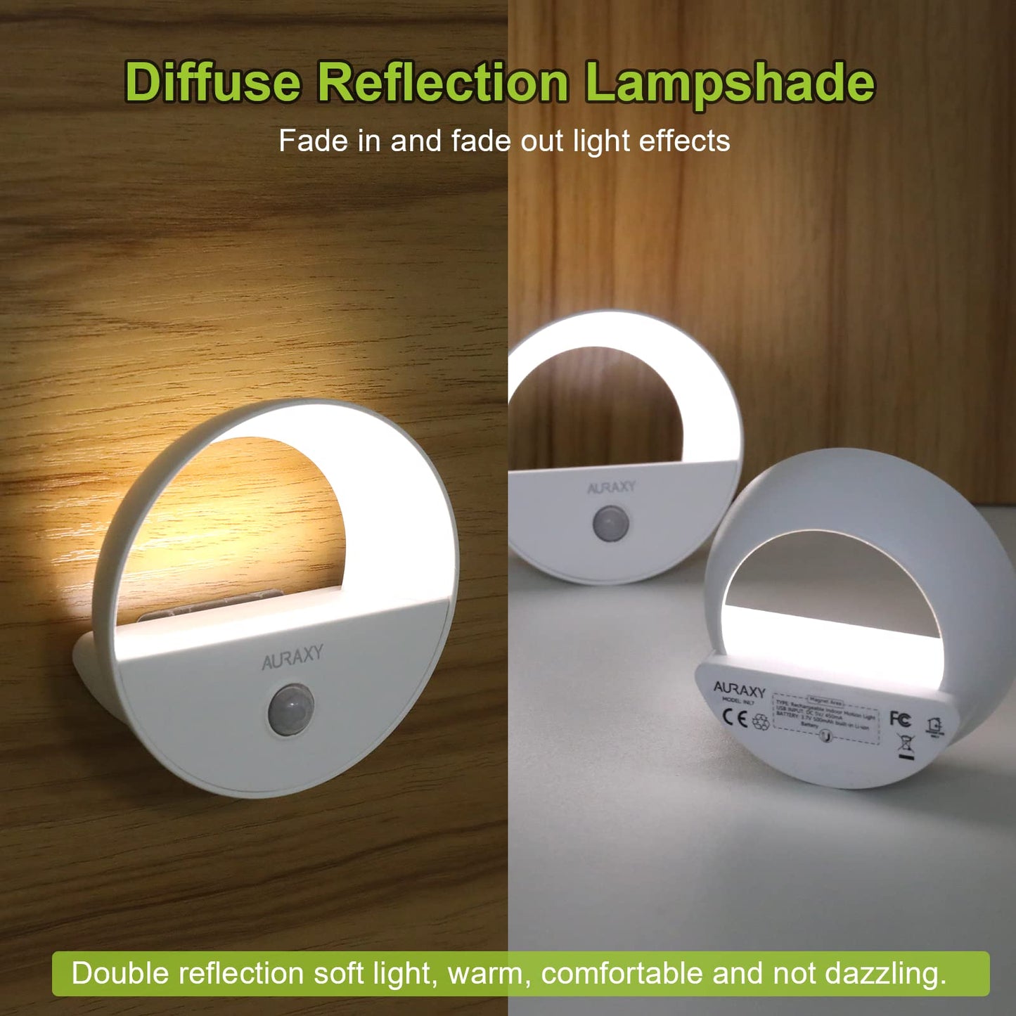AURAXY Rechargeable Motion Sensor Night Light - LED Cool White, Magnetic, Dusk to Dawn Sensor, 6 Pack, Model INL7-W, White