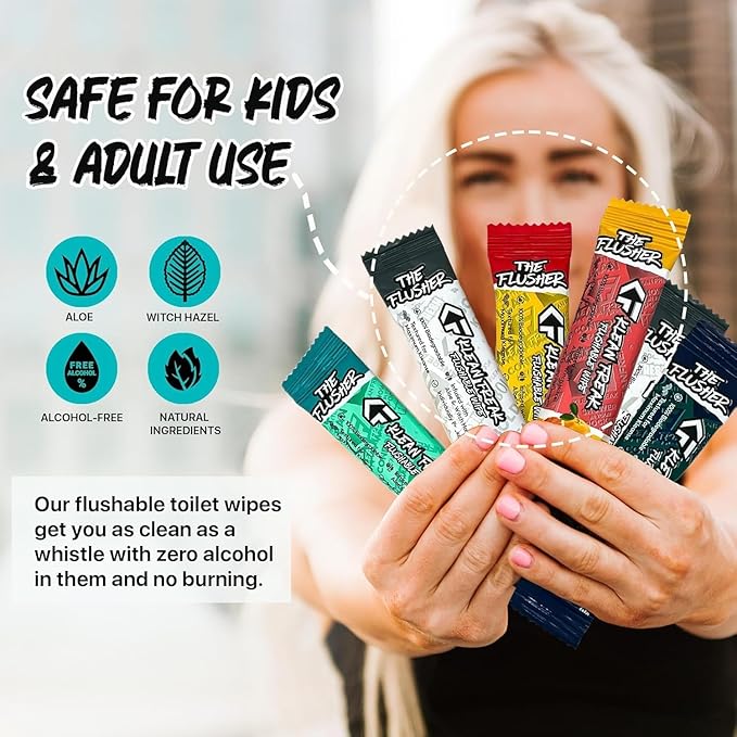 THE KLEAN FREAK FLUSHER -Flushable Wipes For Adults & Kids - 100% BIODEGRADABLE Individual Wrapped Travel WET Wipe for Toilet - Soothing Aloe & Witch Hazel - Alcohol Free 20 Pack - Juicy Grapefruit