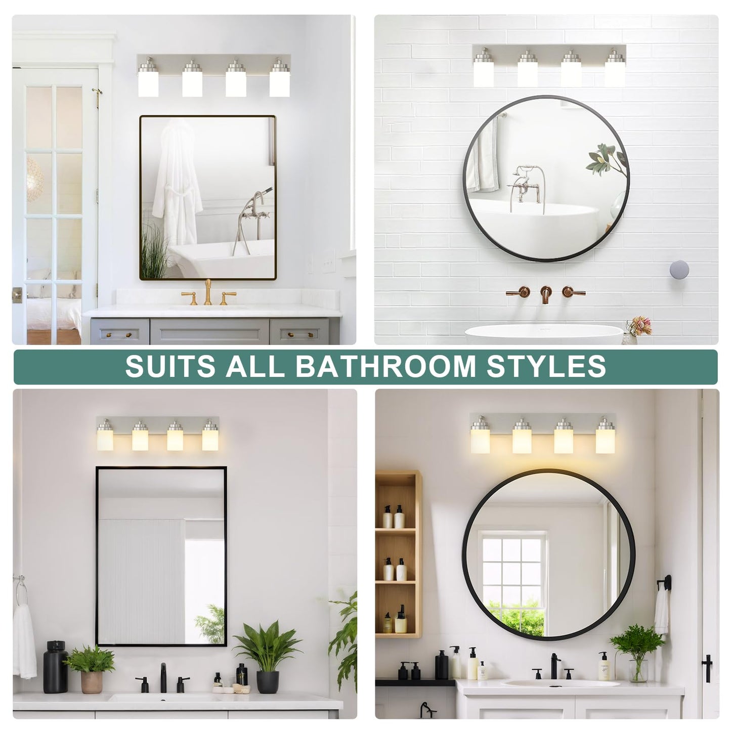 Izorro Bathroom Vanity Light Fixture  4-Light 27.5 Inch Brushed Nickel Bathroom Light Fixtures Over Mirror  With White Glass Shade  Modern Farmhouse Vanity Lights  Rustic Restroom Lighting Fixtures