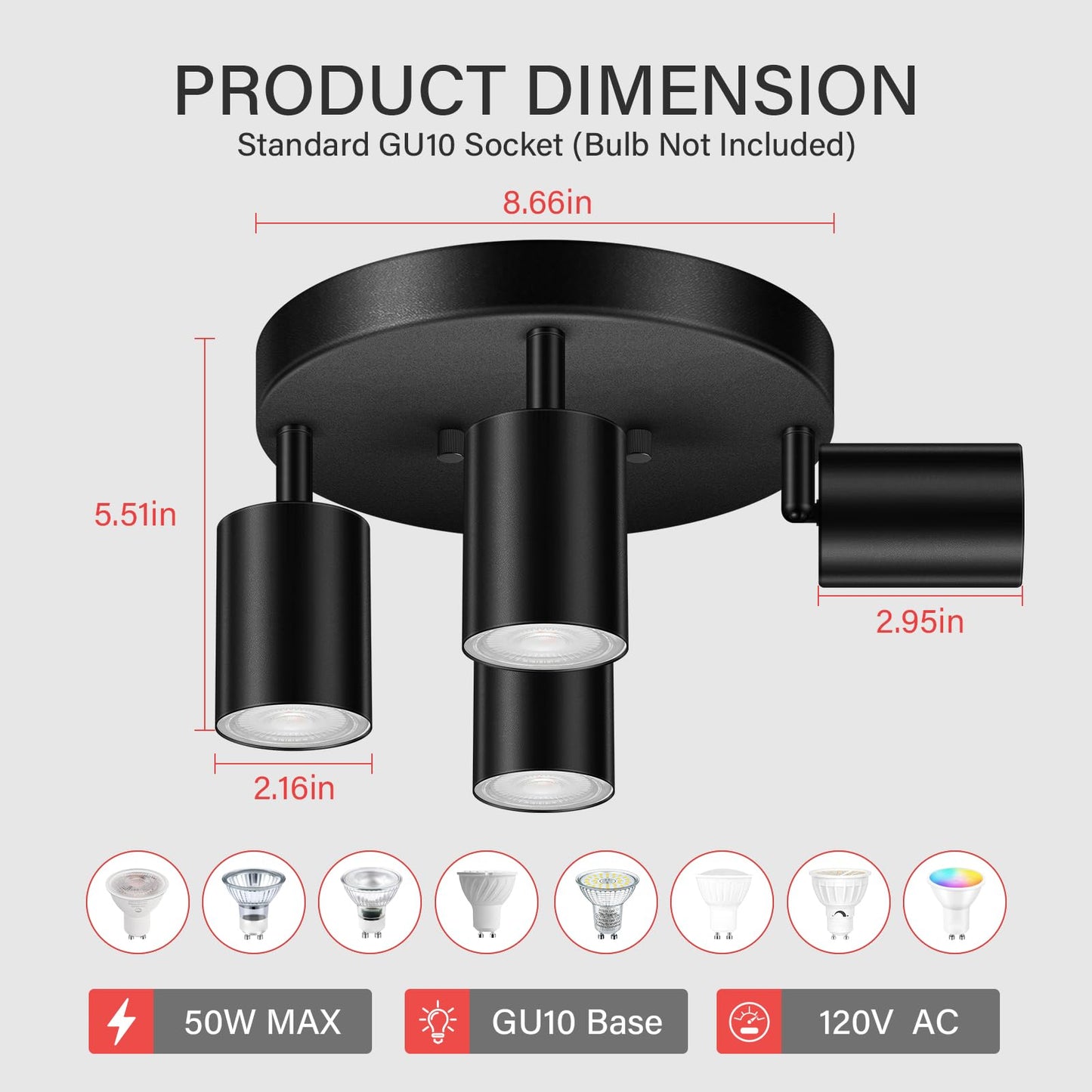 BoostArea LED 4 Light Track Lighting Kit, LED Track Lighting Fixtures, Black Round Ceiling Spot Lighting, Flexibly Rotatable Light Head for Kitchen, Living Room, Bedroom, GU10 Bulb Not Included