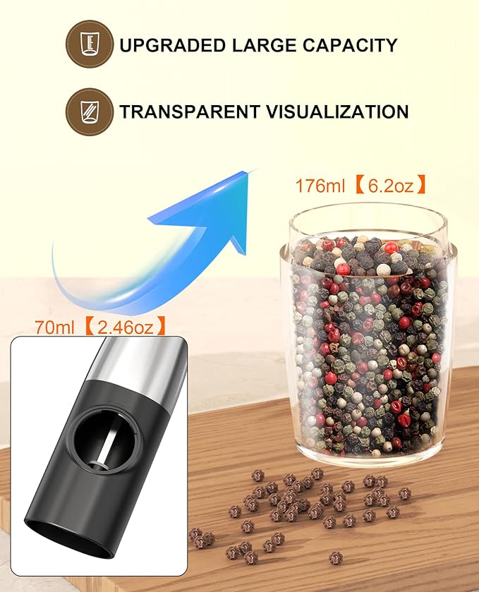 Gravity Salt and Pepper Grinder Set with Charging Base, Automatic Salt Grinder Electric with LED Light & 6 Adjustable Coarseness, One-Handed Operation and 176ml Capacity, Black