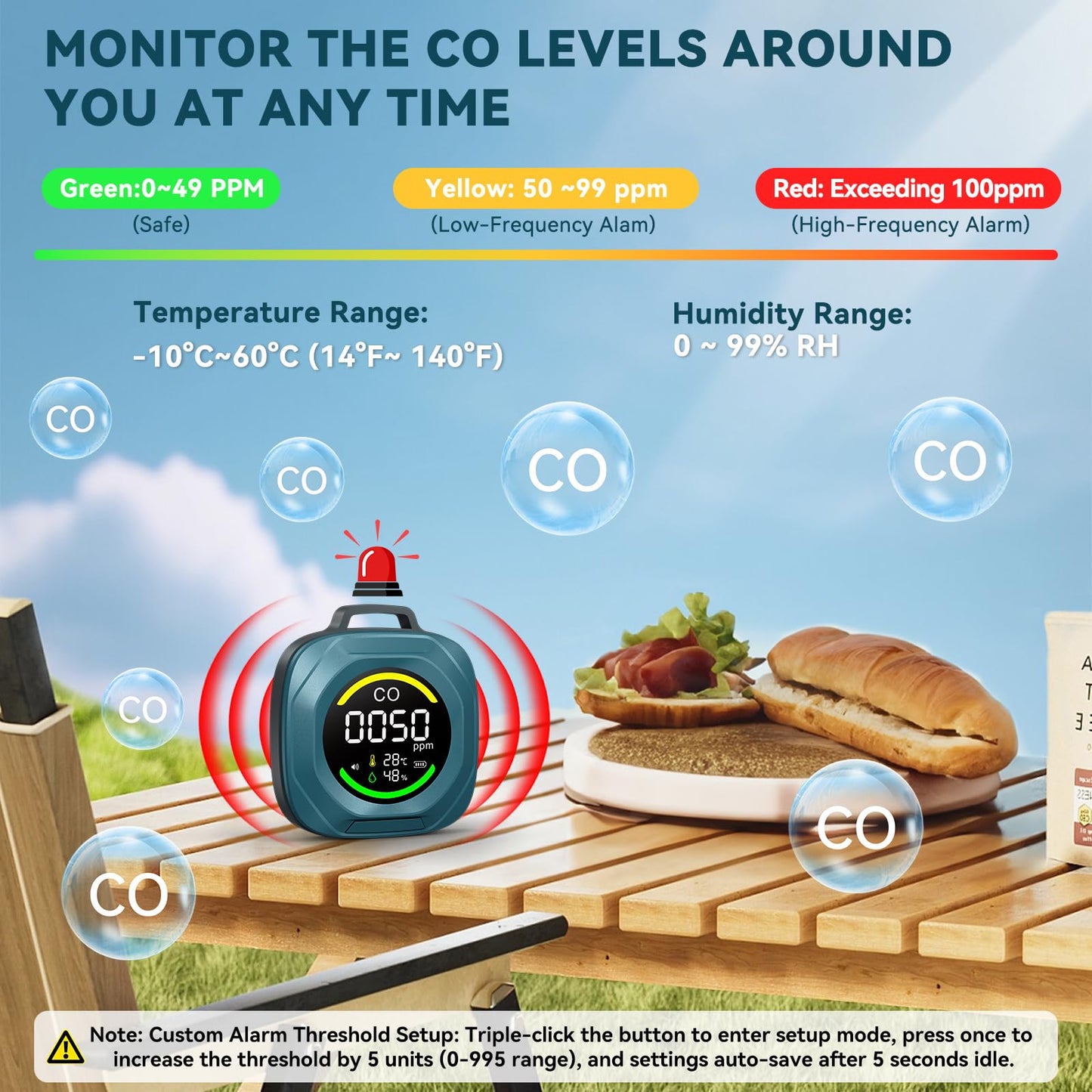 Portable 3-in-1 Carbon Monoxide Detectors - Rechargeable CO Monitor with Alarm, Temperature & Humidity Detection, Magnetic Back, 200H Standby, Custom Thresholds for RV, Car, Camping & Travel-Blue
