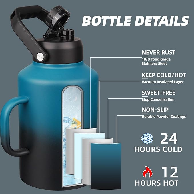 BJPKPK 1 Gallon Water Bottle with Handle, Large Dishwasher Safe 128oz Insulated Water Bottle, BPA Free Water Jug, Wide Mouth Metal Flasks with Anti-slip Bottom, Keep Cold & Hot,Blue & Black