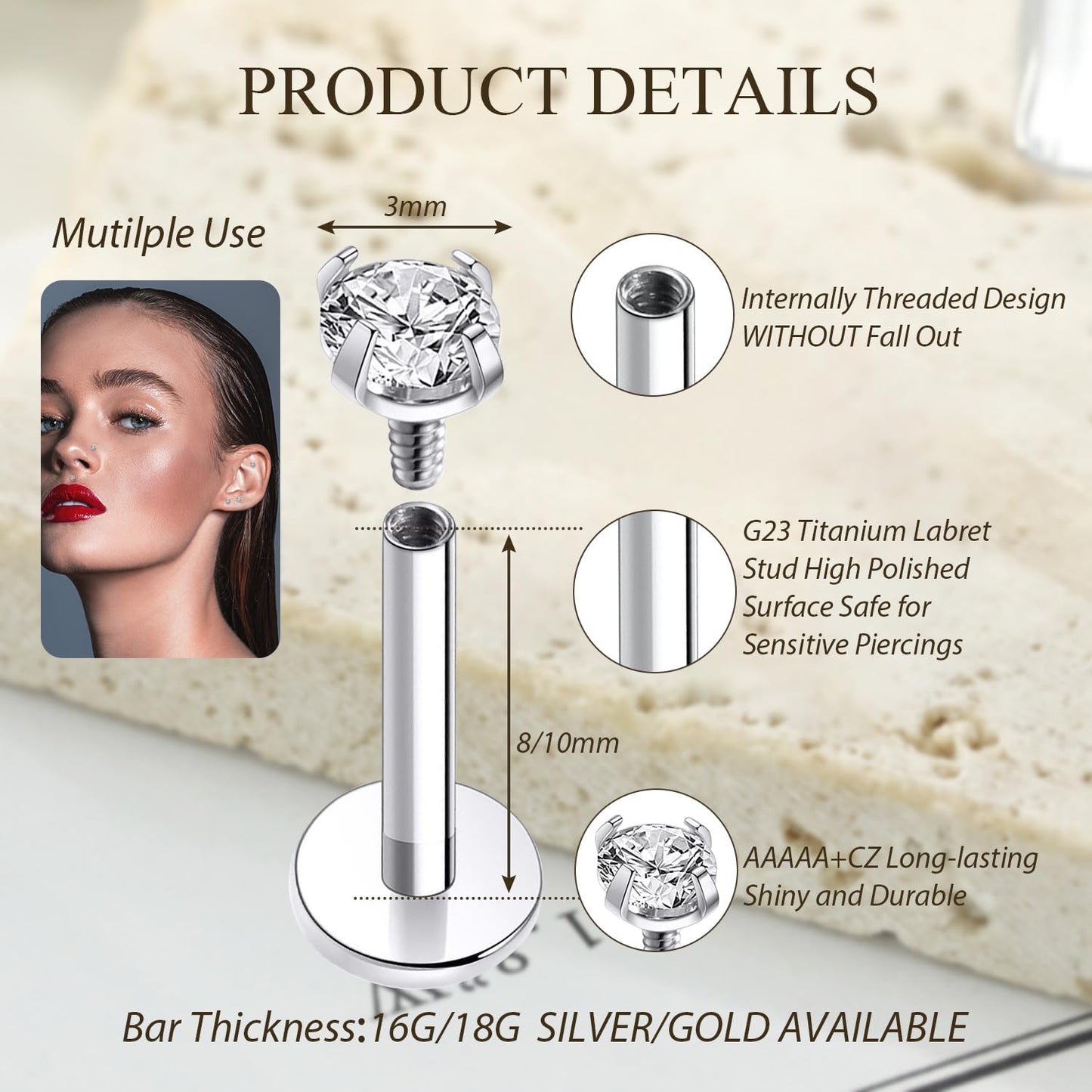 GAGABODY G23 Titanium 16G 2mm CZ Internally Threaded Labret Helix Cartilage Tragus Monroe Lip Studs Earring Piercing 6mm Labret