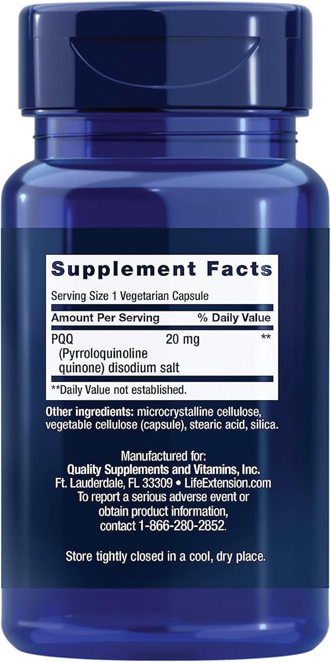 Life Extension PQQ (Pyrroloquinoline Quinone) 20mg Promotes The Growth of New Cellular Mitochondria - Gluten-Free, Once-Daily, Non-GMO, Vegetarian - 30 Vegetarian Capsules (Pack of 2)
