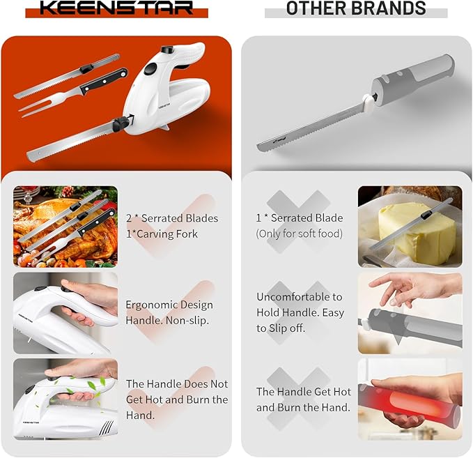 KEENSTAR Electric Knife for Carving Meat, Turkey, Bread, 150W Electric Knife Set with 2 Serrated Stainless Steel Blades & Serving Fork for Slicing Poultry, Ham & More, Ergonomic Handle & Safety Lock