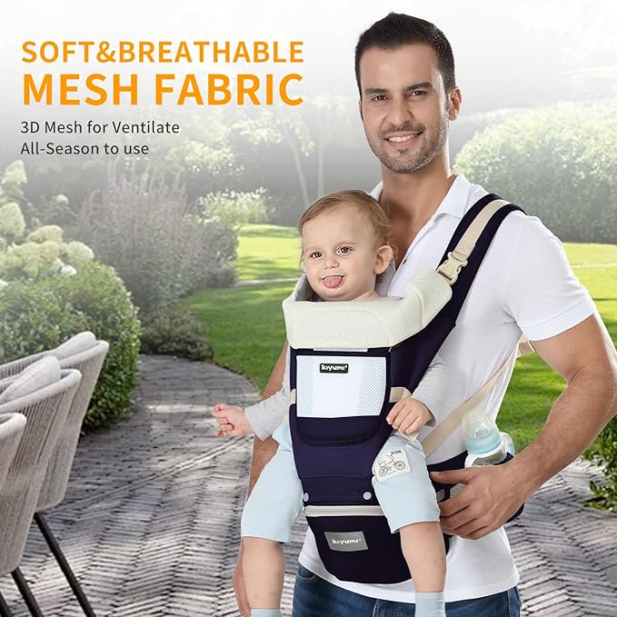 KIYUMI Baby Carrier with Hip Seat, Ergonomic M Position, Newborn to Toddler, Head Support and Breathable Mesh,Adjustable Removable 6- in-1 Baby Baby Sling Carrier (7-45 lbs) for Mom Dad,Darkblue