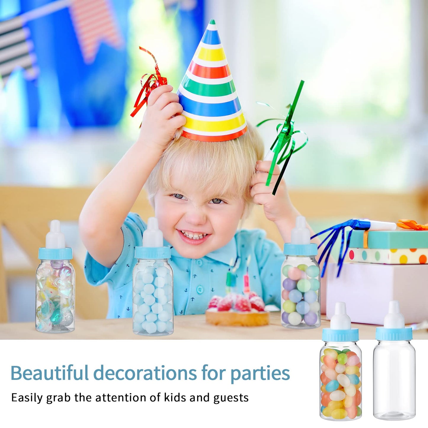 48 Pcs 4.5 Inch Baby Bottle Shower Favor Mini Plastic Candy Bottle Baby Shower Fillable Feeding Candy Box for Party Boy Girl Birthday Newborn Baptism with Removable Blue Tops