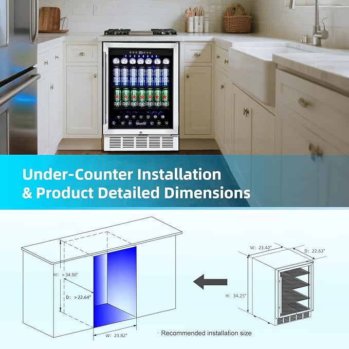 24 Inch Beverage Refrigerator, 180 Can Capacity Beverage fridge, Built in or Freestanding Drink Cooler with Glass Door, Under Counter Beer Fridge, LED Indicator Light and Adjustable Shelve