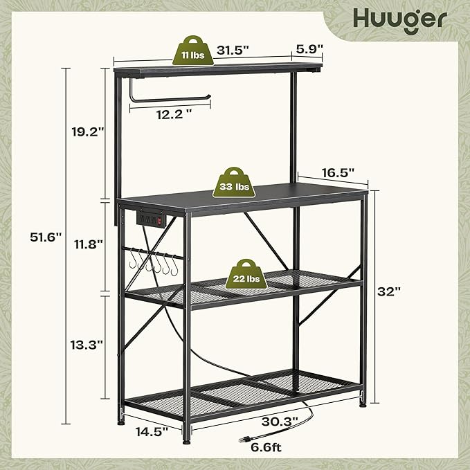 Huuger 4-Tier Bakers Rack with Reversible Power Outlet, 31.5 Inch Microwave Stand, Kitchen Bar, with Top Shelf, 6 S Hooks, Black