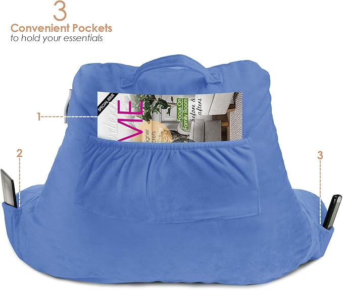 Nestl Reading Pillow Standard Bed Pillow, Back Pillow for Sitting in Bed Shredded Memory Foam Chair Pillow, Reading & Bed Rest Pillows Calm Blue Back Pillow for Bed, Bed Chair Arm Pillow with Pockets