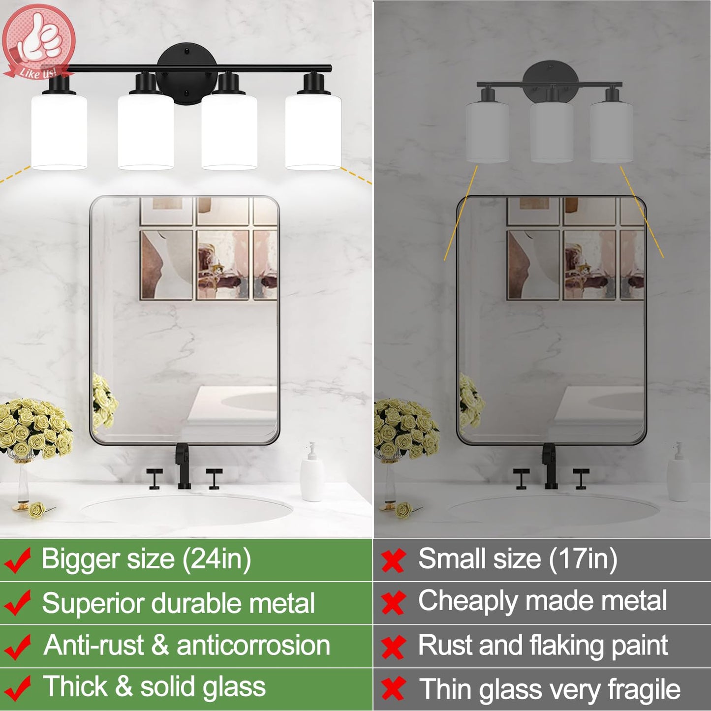 Zarbitta 4-Light Bathroom Light Fixtures, Black Vanity Lights with Milky White Glass Shades, Model OMTYX-016