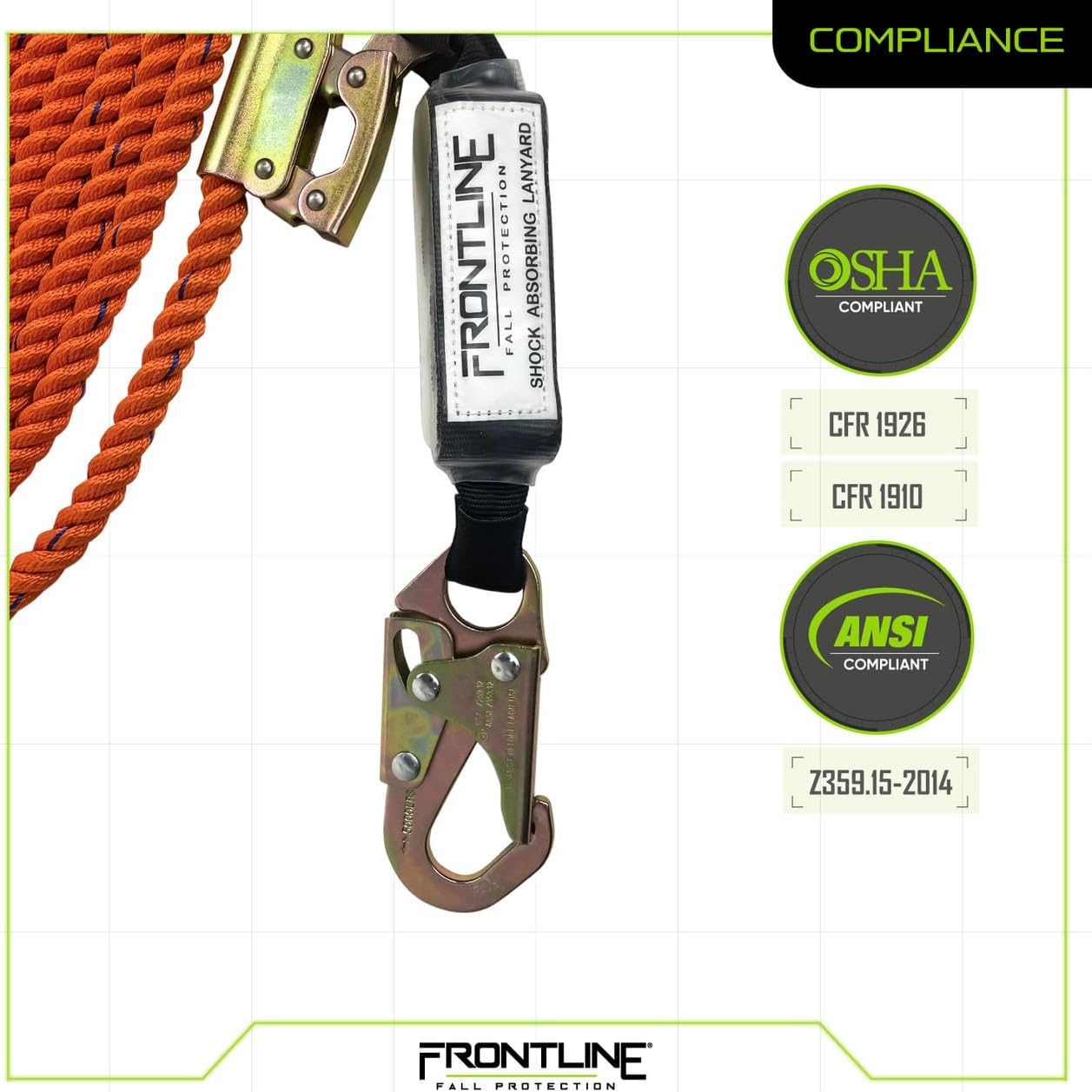 Frontline VLP25R3L Premium Vertical Lifeline with Openable Rope Grab 25' and Shock Pack | High Strength Rope | Fast and Easy Set-up | Double Locking Closing Mechanism | OSHA & ANSI Complaint