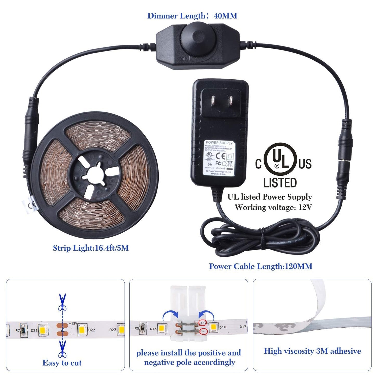 GUOTONG Warm LED Strip Lights, Waterproof 300 SMD 2835, 12V Flexible Ribbon, 16.4ft, Yellow, Kitchen/Outdoor Lighting