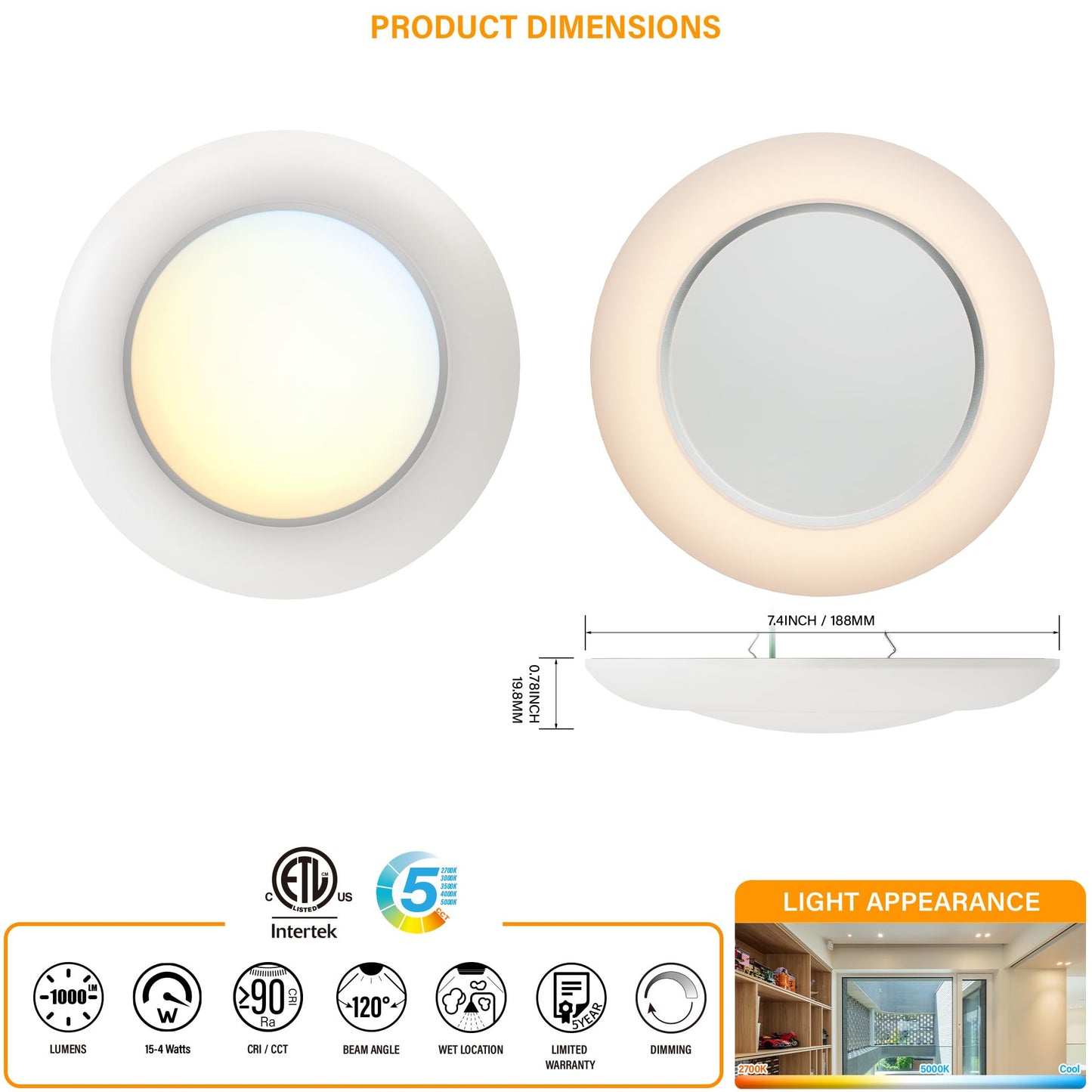 JULLISON 6 Inch LED Low Profile Disk Light with Night Light, 120VAC, 15W, 5CCT Color Changing, 1000LM, Dimmable, ETL, Shower Wet Rated Screw in Flush Mount Ceiling Light, White/8 Packs