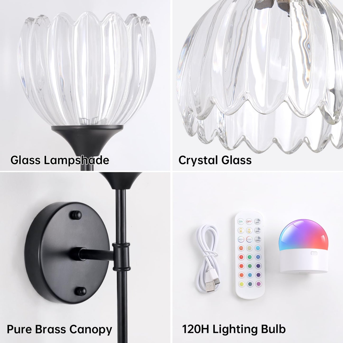 Shenmoyl Battery Operated Wall Sconce Set Of 2  Clear Tulip Vintage Wall Light Fixture Rechargeable 5000Mah Battery Powered Wall Lamp With Remote For Living Room Bathroom  Black