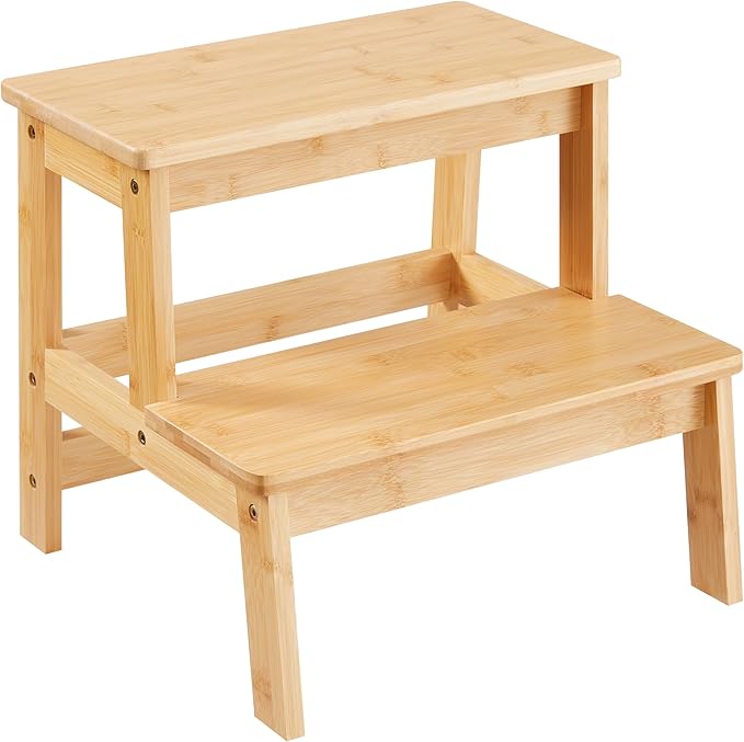 Bamboo Step Stools for Kids, Wooden Stepping Stool for Kitchen/Bathroom/Bedside, Double Step Stool - Holds up to 350Lb (Natural Wood)