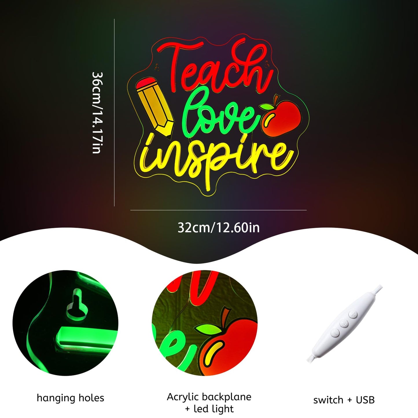 Wlhope Teach Love Inspire Neon Sign Led Signs For Classroom Wall Decor Neon Lights Acrylic Board Sign For Study Room Bedroom TeacherS Day Gift Decoration
