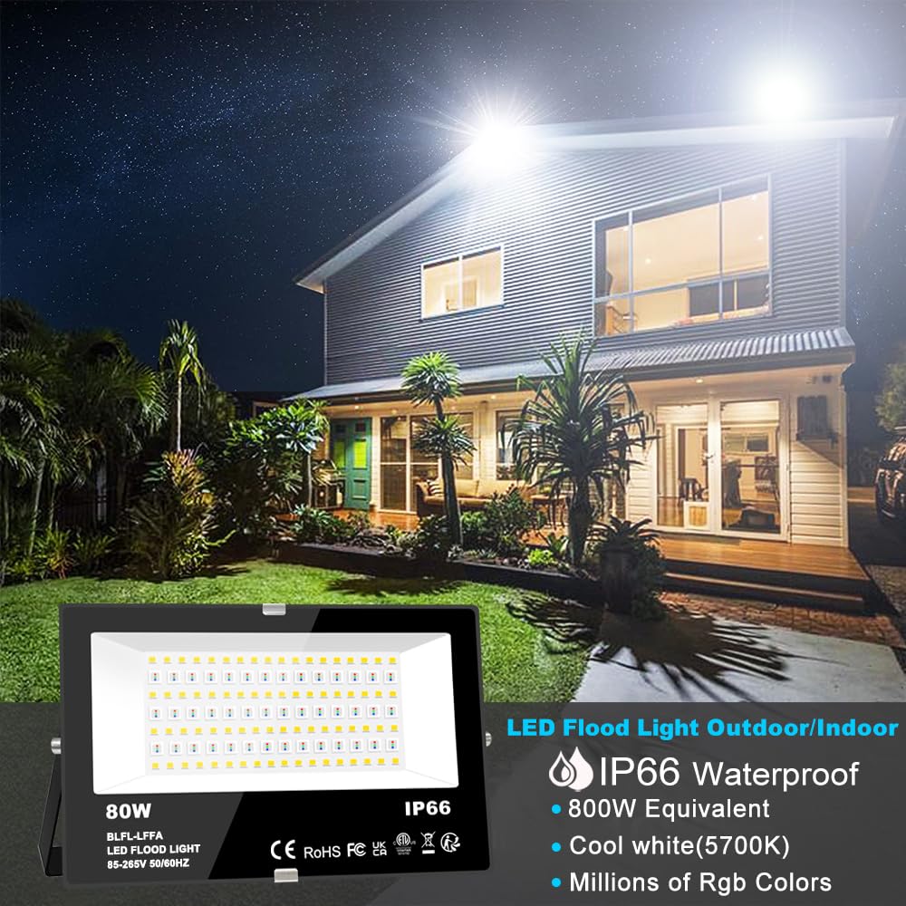 Melpo Led Flood Light 800W Equivalent 8000Lm Smart Rgb Landscape Lighting 2 Pack, Black, Ip66 Waterproof, App Control, 5700K Daylight