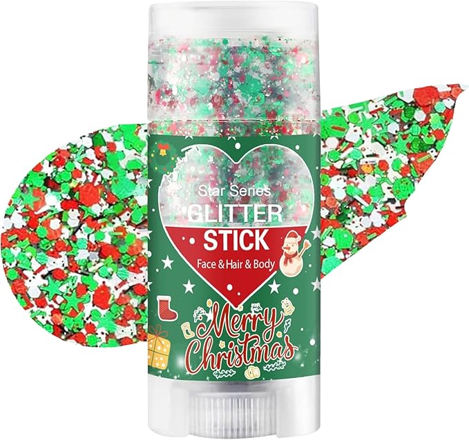Christmas Body Glitter Stick, Red Green and White Face Glitter Accessories, Waterproof Face Hair Glitter Makeup, Christmas...