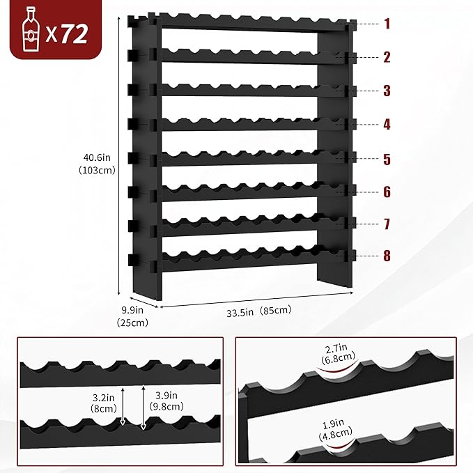 VASMIA Bamboo Stackable Wine Rack,72 Bottles Wine Rack Freestanding Floor,No Tools Assembly,8-Tier Display Wine Storage Shelf for Kitchen, Bar, Dining Room,Cellar,Black