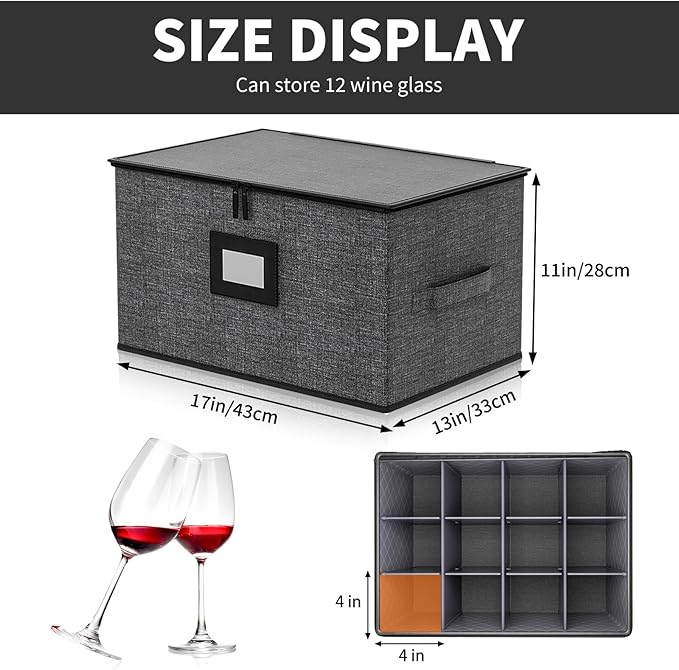 Aokeyee Wine Glass Storage Box Containers with Dividers - 2 Pack Stemware Storage Cases for 24 Crystal Glasses, Drinkware, Hard Shell for Moving & Protection(17'' x 13'' x 11'', Grey)