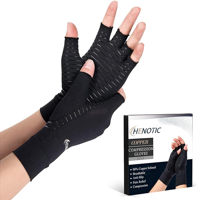 HENOTIC Copper Arthritis Gloves for Women Men, Fingerless Breathable & Moisture Wicking Arthritis Compression Gloves for R...
