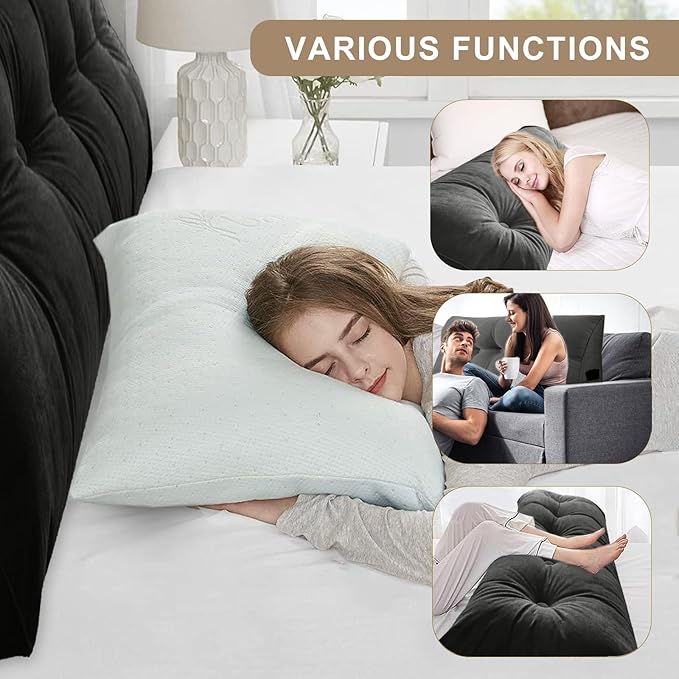 Large Triangular Headboard Pillows Long Backrest Positioning Support Bolster Cushion for Daybed Fluffy Quality Plush Body Wedge Pillow with Removable Cover(Black-Cal King-71x8x20 in)