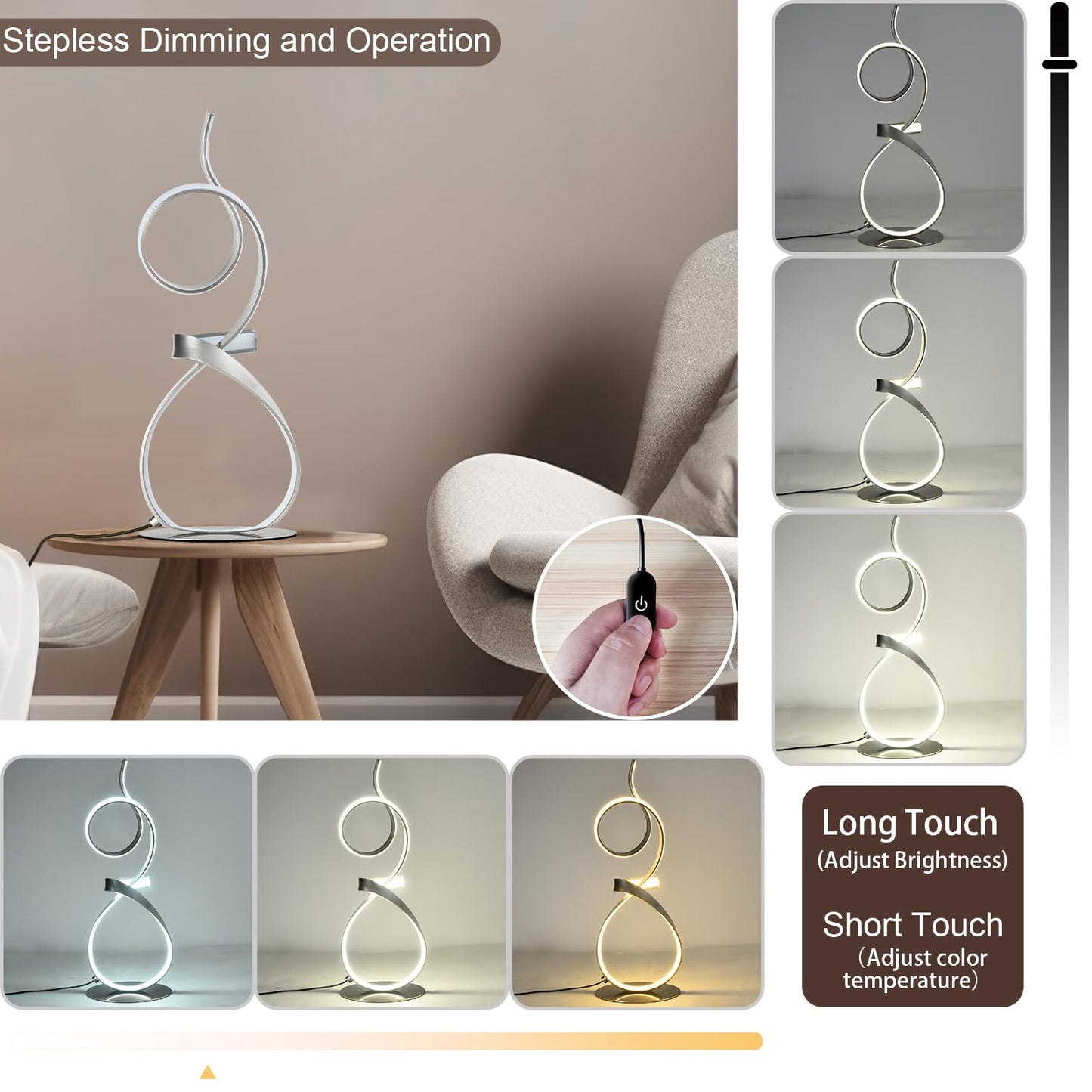 AooLiWang Modern LED Table Lamp with Remote Control, 21inch, Sand Nickel, Model ALW-TB, 3 Color Touch Dimmer