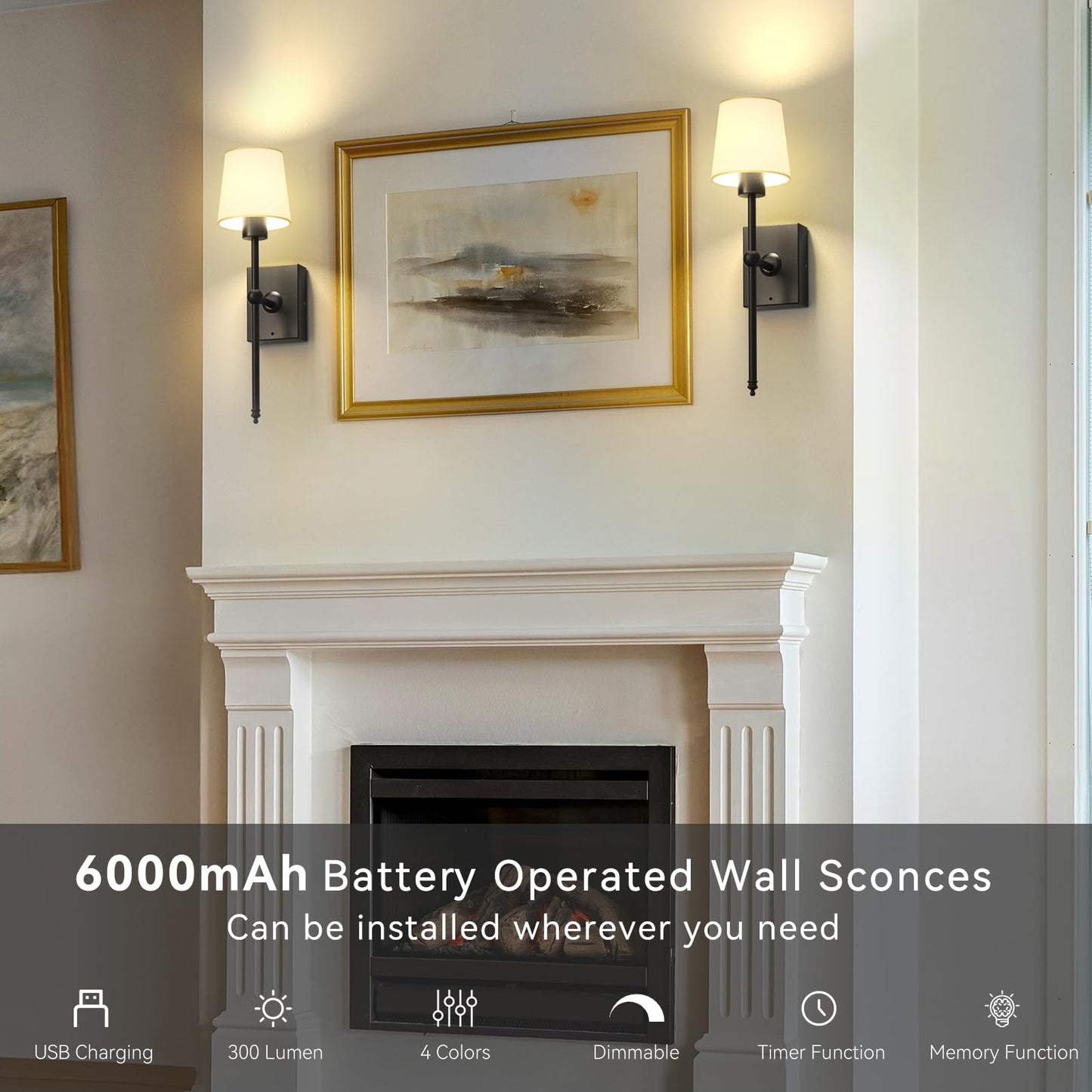 Rechargeable Battery-Operated Wall Sconces Set Of 2: Black Wireless Wall Lights With Touch And Remote  6000Mah Battery Powered Scone Lighting Cordless Wall Lamp For Bedroom Living Room Hallway