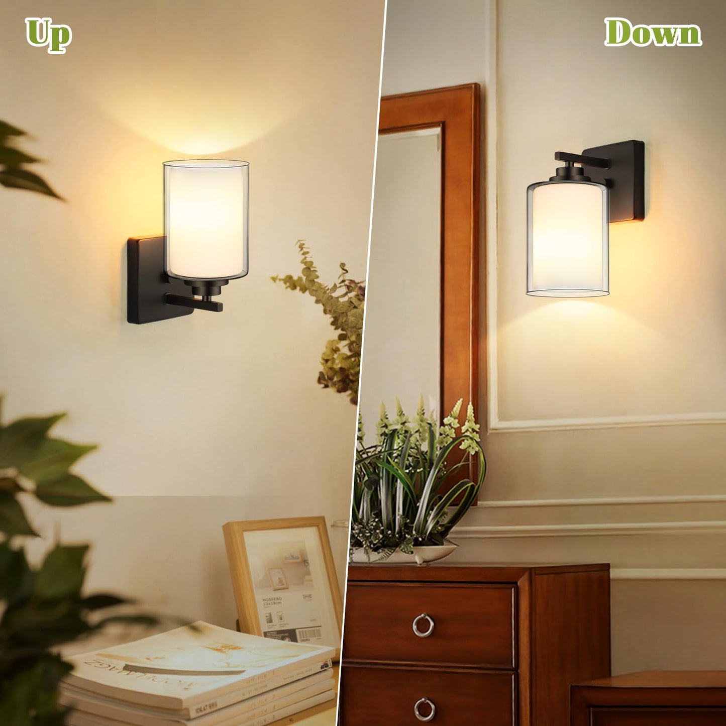 VerRon Set of 2 Wall Sconces, Modern Matte Black Lighting Lanterns, 2-Light, Glass Shade for Bathroom, Bedroom, Hallway