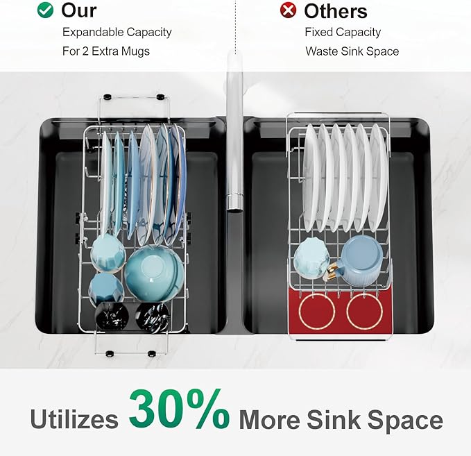 GSlife Small Sink Dish Drying Rack - Stainless Steel Capacity Extendable Narrow Dish Drainer for RV Sink Apartment Kitchen, 11.9"-16.7" L x 9" W x 5.7" H, Silver