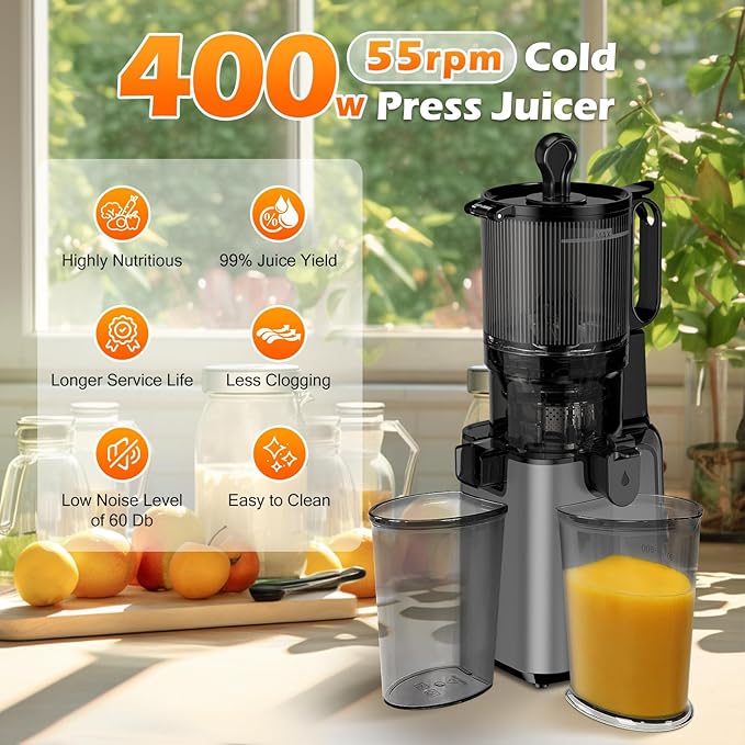 Juicer Machines with 5.8" Large Feed Chute, Cold Press Juicer for Whole Vegetables and Fruits 400W, Slow Masticating juicer Easy to Clean Juice Extractor Machine High Juice Yield