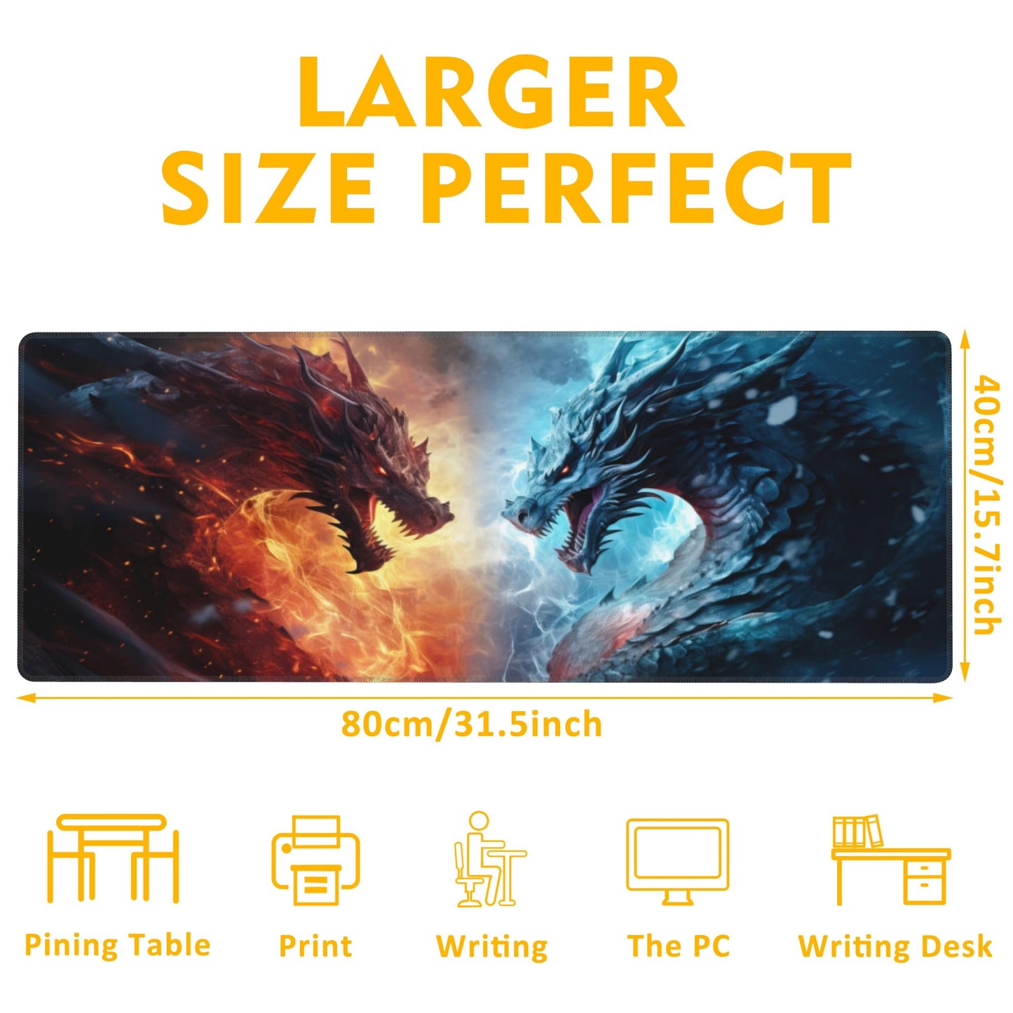 Uiaoiais Desk Pad,Japanesev Anime Fire Ice Dragons Mouse Pad,31.5"X15.7" Extended Gaming Mouse Pad Mat with Stitched Edge Non-Slip Base Big Desk Mat for Office Keyboard Laptop