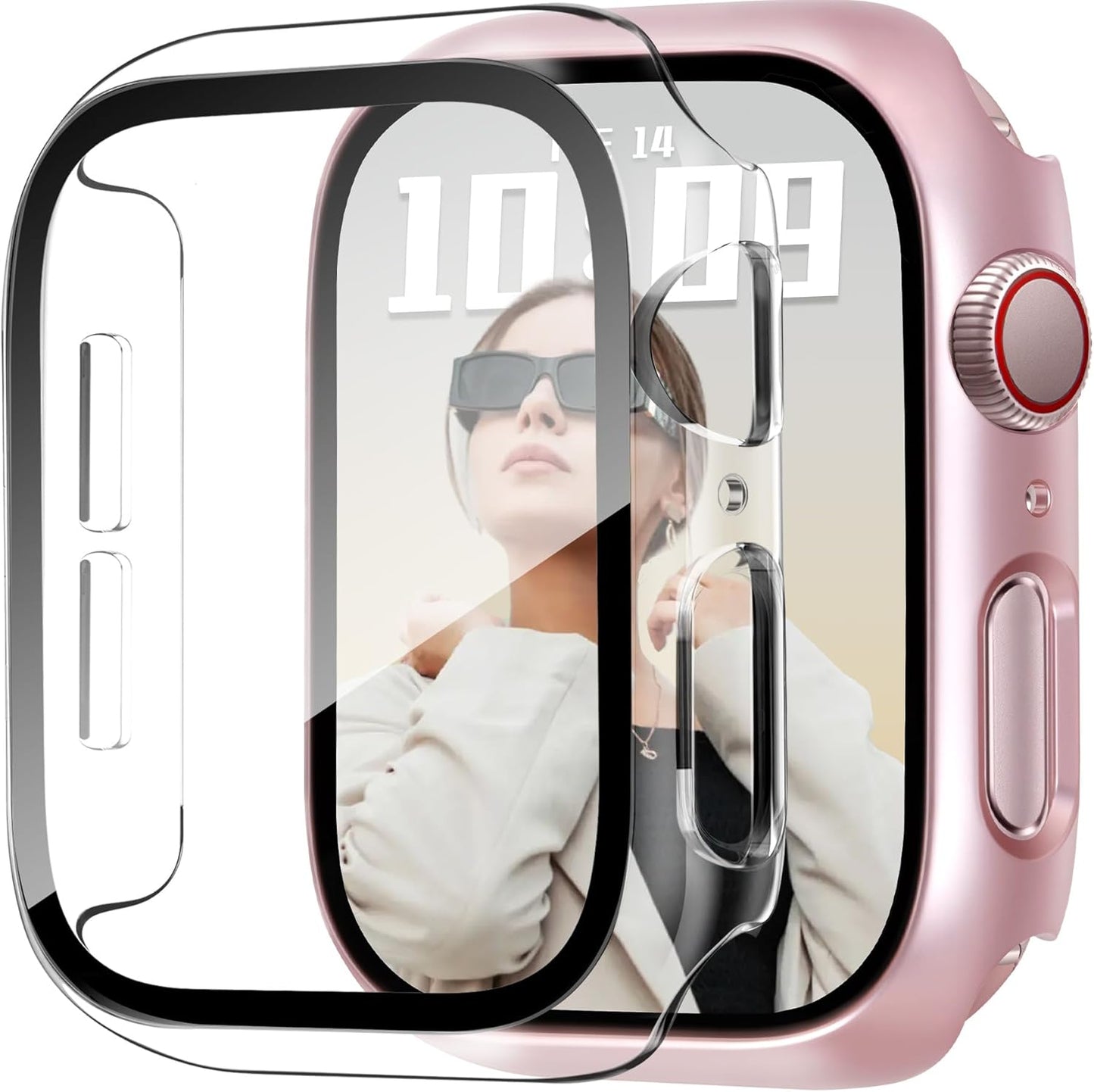JR.DM 42mm 2 Pack Hard PC Case with HD Tempered Glass Screen Protector for Apple Watch Series 10/11 (2025), Guard Bumper Full Coverage Protective Anti-Scratch Face Cover for iWatch, Pink/Clear