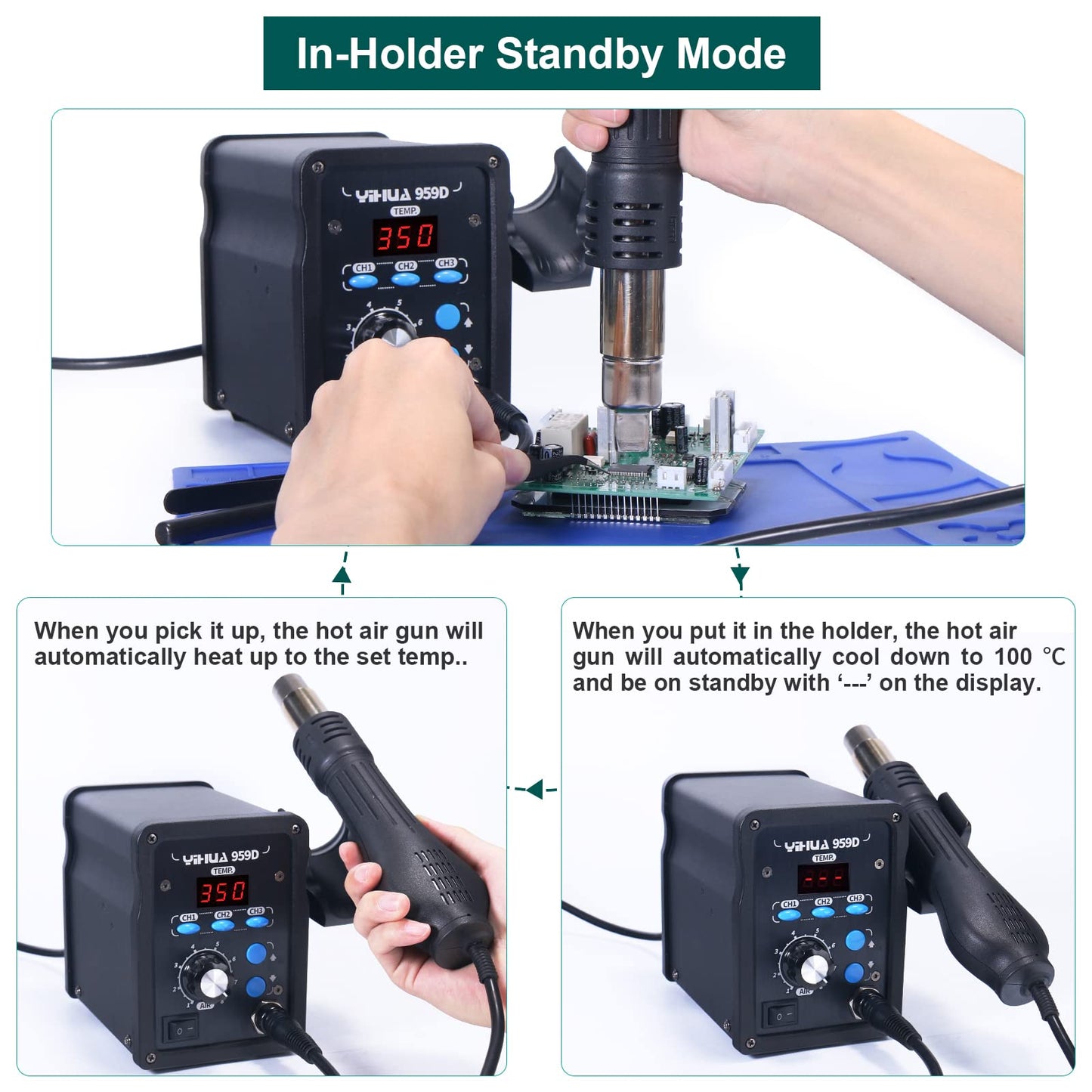 YIHUA 959D-Digital Hot Air Rework Station, High Power with 3 Memories, Airflow Efficiency, °F /°C Display, Accurate Temp.(212°F~932°F), Brushed Aluminum Panel & Safety Features