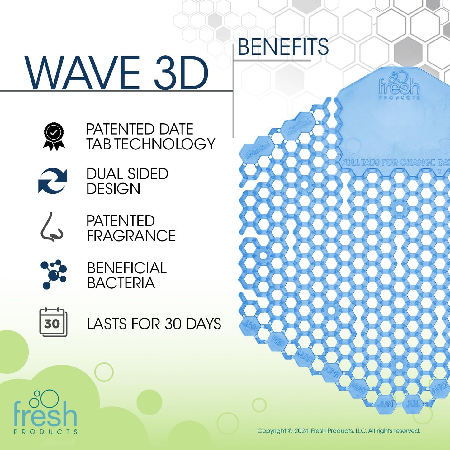 Fresh Products Wave 3D Urinal Screen Virtually Eliminates Urine Splash 30 Day Use Easy Installation Beneficial Bacteria Consistent Fragrance Made in the USA 10pk Urinal Screens Cotton Blossom