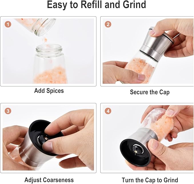 Premium Manual Pepper Grinder Mill with Stainless Steel Cap, Ceramic Blades and Adjustable Coarseness Grinder for Fresh Ground Pepper, Salt and Spices, 6 oz Glass Body (Single Package)