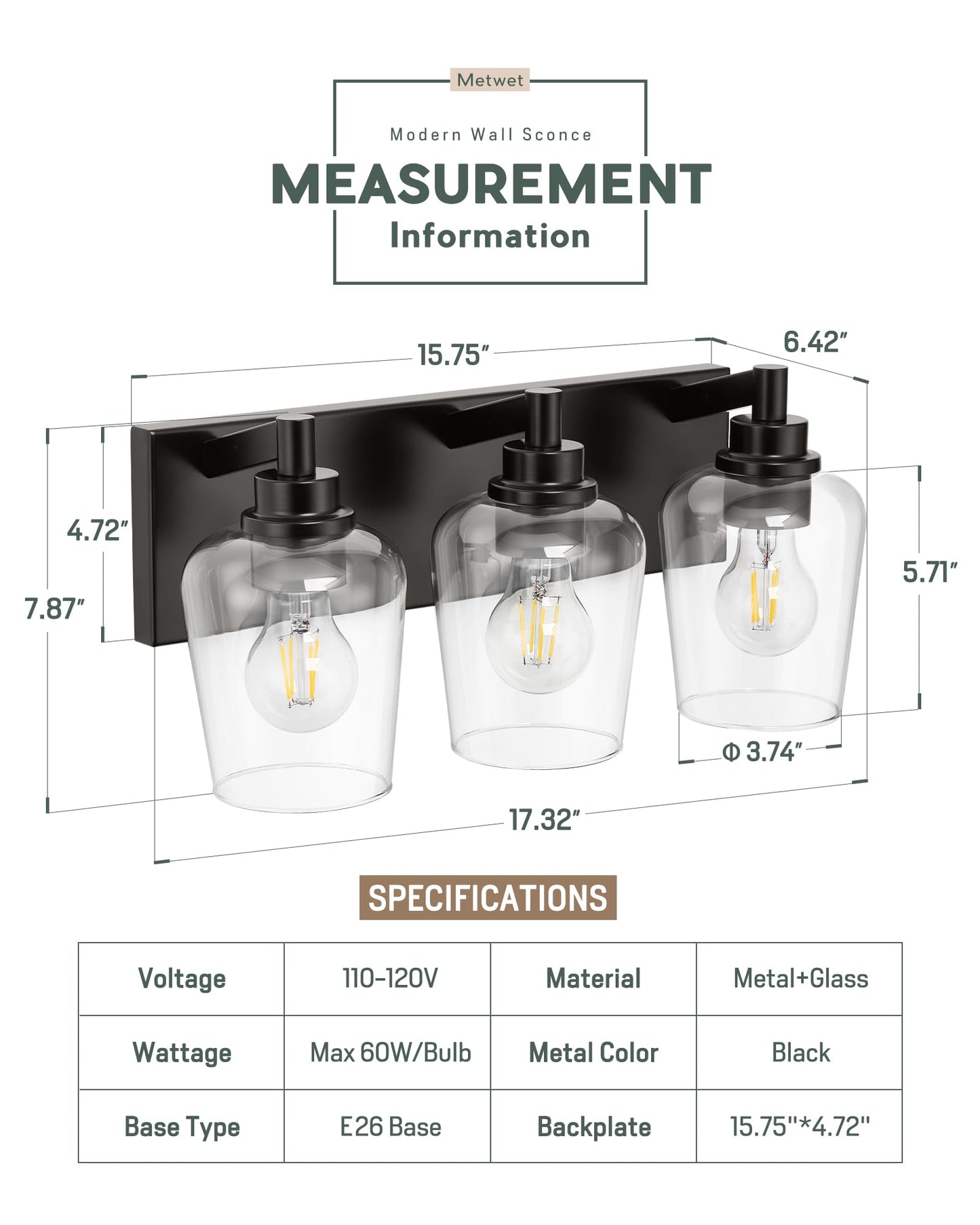 Metwet Bathroom Light Fixtures  3-Light Modern Vanity Light With Clear Glass Wine Glass-Shaped Shade  Vanity Lighting Fixtures Over Mirror  Matte Black  Vl155-Mb-3