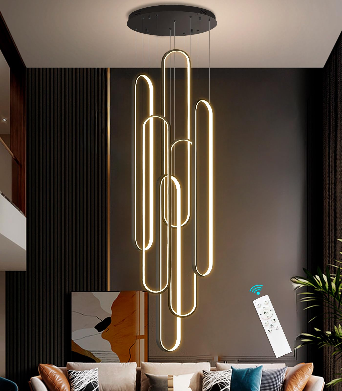 dolria 6-Rings Modern Chandelier, LED Flush Mount Light, Dimmable, Black, 40in x 7.9in x 138in, Model PC1013-6