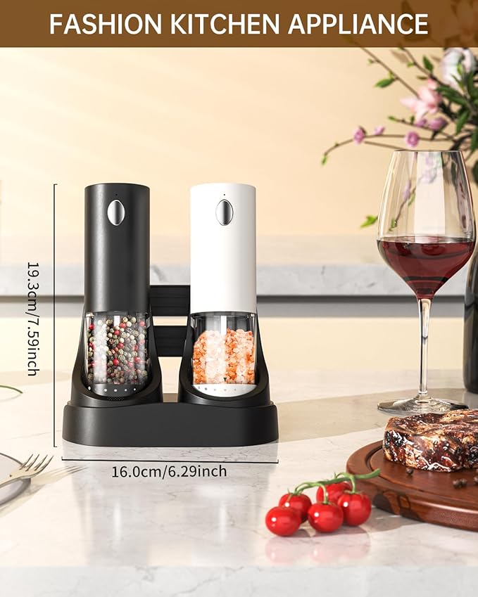 CIRCLE JOY Electric Salt and Pepper Grinder Set Automatic Salt and Pepper Mills Set with Easy-to-Carry Charging Base and LED Light, USB Rechargeable, Upgrade External Adjustable Coarseness