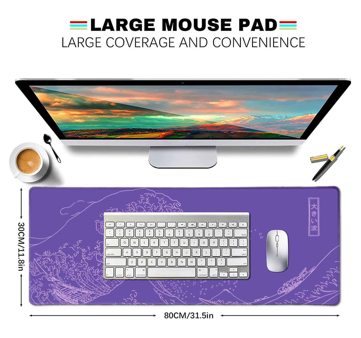 LTHAOGUO Great Wave XXL Gaming Mouse Pad, Purple Minimalist Japanese Desk Mat, Cute Gamer Aesthetic Mousepad, Extended Mousepad, Non-Slip Rubber Base Lilac Desk Pad for Office- 31.5 X 11.8 Inch